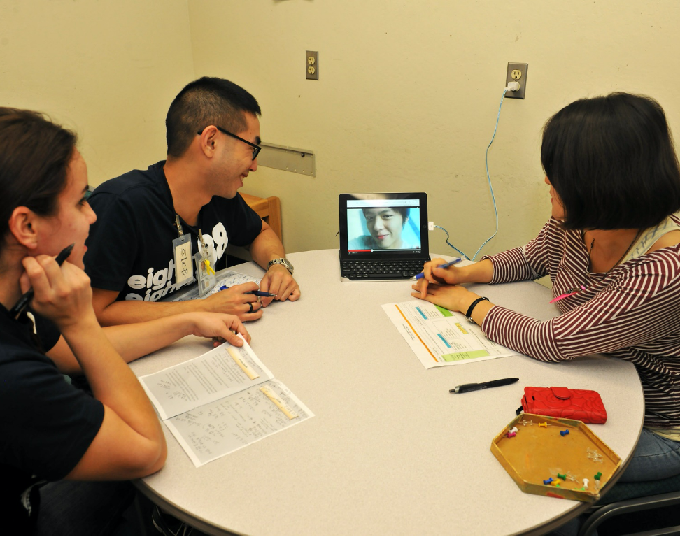 Pyöreän pöydän ympärillä yksi mies ja kaksi naista. Heillä on tehtäväpapereita edessään ja kynät kädessään. Vasemmalla olevat mies ja nainen katsovat hymyillen pöydän päässä olevaa kannettavan tietokoneen näyttöä. Näyttöruudussa on nainen, joka hymyilee. Vasemmalla oleva nainen puhuu ruudun suuntaan.Pyöreän pöydän ympärillä yksi mies ja kaksi naista. Heillä on tehtäväpapereita edessään ja kynät kädessään. Vasemmalla olevat mies ja nainen katsovat hymyillen pöydän päässä olevaa kannettavan tietokoneen näyttöä. Näyttöruudussa on nainen, joka hymyilee. Vasemmalla oleva nainen puhuu ruudun suuntaan.