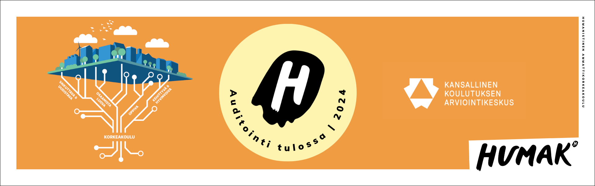 Vasemmalla piirroskuva, jossa keskiössä korkeakoulu. Korkeakoulusta lähtee sanat "Vaikuttava ja uudistava", "osaamista luova", "oppiva" ja "kehittyvä ja hyvinvoiva". Keskellä Humakin "Auditointi tulossa"-logo sekä oikealla Karvin logo.