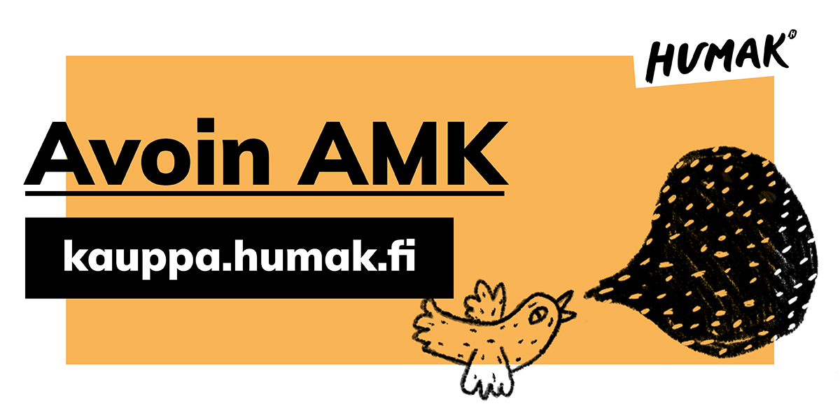 Keltapohjainen avoin AMK yleisbanneri, jossa verkkokaupan osoite, graafinen lintu puhekuplalla.