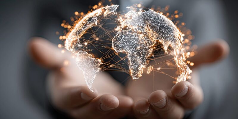 Käsi pitelee valoista muodostuvaa maapalloa.