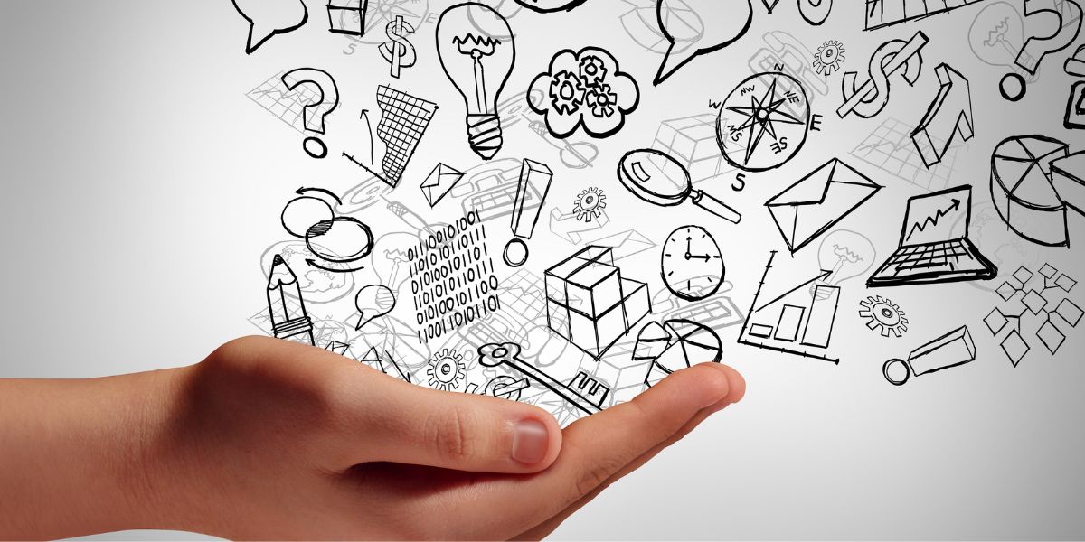 Käsi, josta lähtee erilaisia piirrettyjä kuvia kuten avain, puhekupla, lamppu, kello.