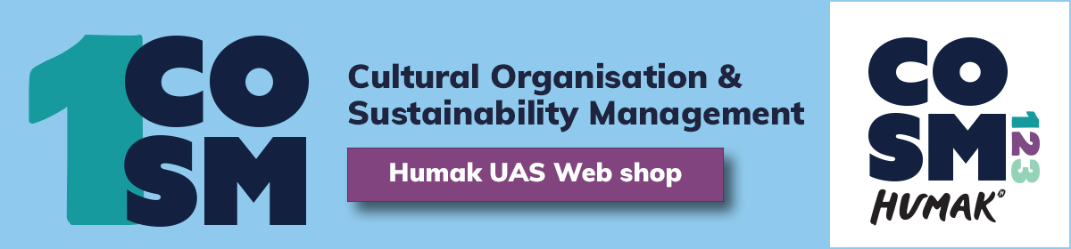 COSM 1, Cultural Organisation & Sustainability Management banneri jossa linkki Humakin verkkokauppaan.