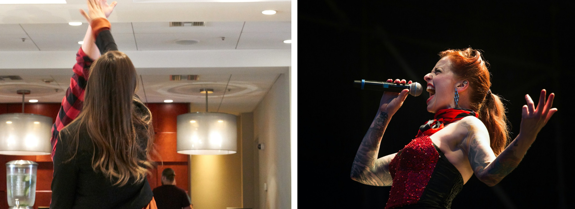 Vasemalla nainen venyttelee käsiään, kuvattu selkä kameraan päin. Oikealla punahiuksinen nainen laulaa mikkiin.