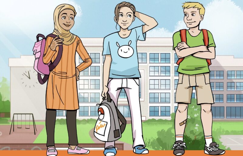 Kolme piirretttyä hahmoa.