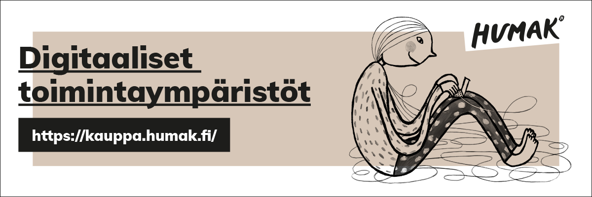 Maitokahvin värinen banneri, jossa piirroshahmo istuu sylissään tietokone.