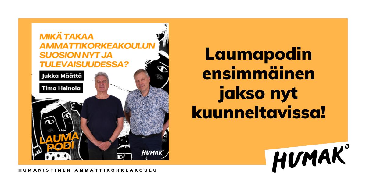 Teksti "mikä takaa ammattikorkeakoulun suosion nyt ja tulevaisuudessa, sekä kaksi keski-ikäistä miestä.