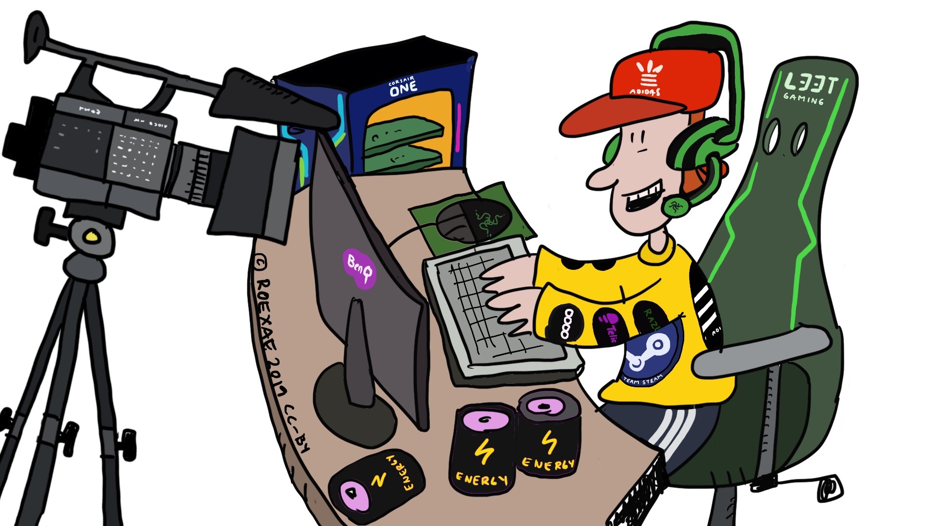 Esports pelaaja striimaa peliä verkkoon edessä videokamera ja pelikone.