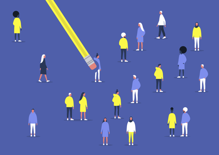 An illustration of a community of people against a blue background. One member is being erased with an eraser.