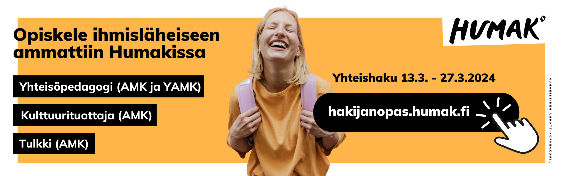 Kuvassa sähköisen hakijan oppaan mainosbanneri, kuvituskuvana nainen reppu selässä