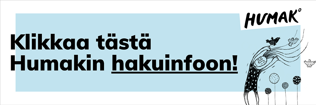Sinipohjainen vaakabanneri hakuinfotekstillä ja graafinen tytön kuva liehuvilla hiuksilla.