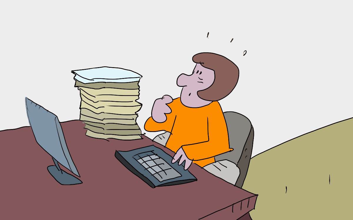 A drawn picture of a confused woman using a computer