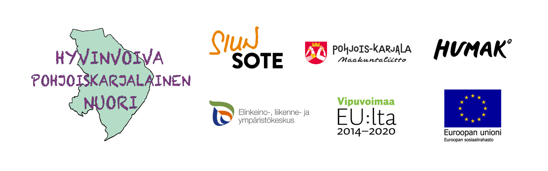 Hyvinvoiva Pohjoiskarjalainen nuori-hankkeen toteuttajien logot: SiunSote, Pohjois-Karjalan maakuntaliitto, Humak, ELY-keskus, Vipuvoimaa EU:lta ja EU:n sosiaalirahasto.