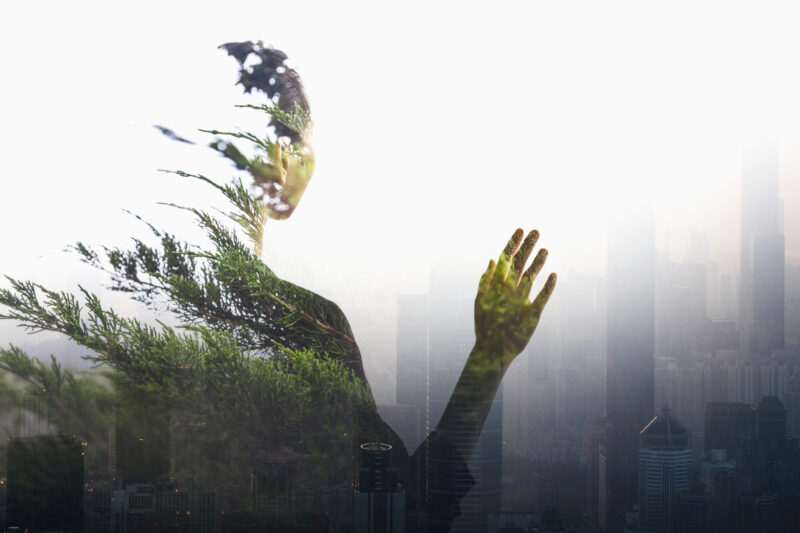 Person standing in contemplation in smog urban city reflection with nature trees