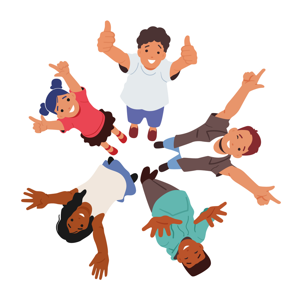 Piirroskuva: viisi lasta tai nuorta seisoo ympyrässä ja katsoo ylöspäin katsojaa kohden, kädet iloisesti ilmassa.