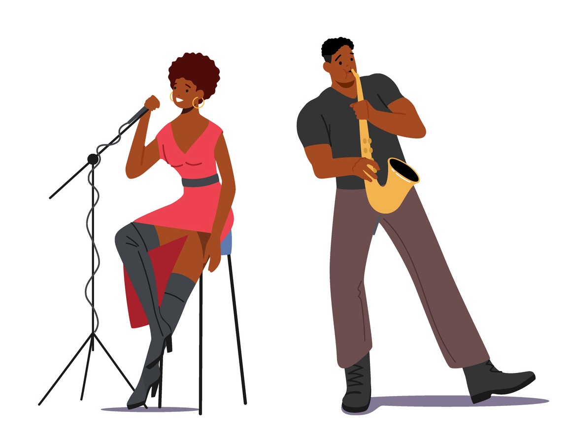 Piirroskuva: Vasemmalla punaiseen mekkoon pukeutunut nainen istuu ja laulaa mikrofoniin, oikealla mustapaitainen mies soittaa saksofonia seisten. 