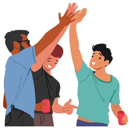 Piirroskuva: Kolme miestä heittää keskenään yläfemman ja hymyilee. 