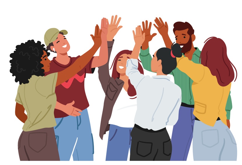 Characters Celebrate Success By Enthusiastically Slapping Palms Together, A High Five, Creating An Audible Clap, Conveying Camaraderie And Shared Achievement. Cartoon People Vector Illustration