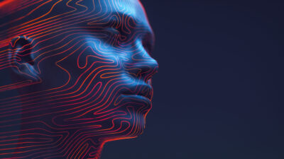 3D rendered digital human head outlined with neon contour lines that resemble a fingerprint's unique swirls, against a deep blue background. Concept of digital identity and security, blending the human element with the precision of technology.