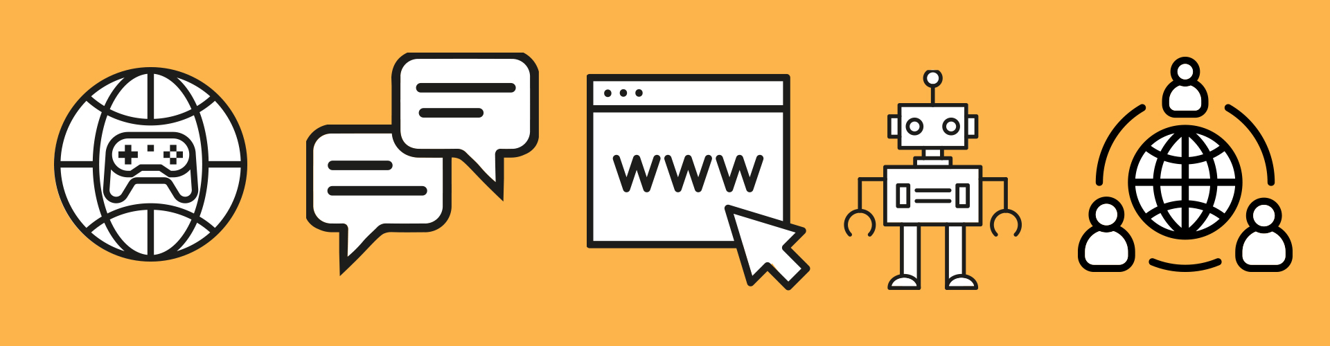 Viisi ikonia: Ensimmäinen kuvaa digipelaamista, toinen chat-keskustelua, kolmas tiedon etsintää internetistä, neljäs robottia ja viides yhteisöllisyyttä verkossa.