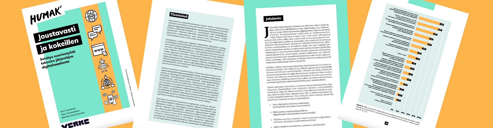 Joustavasti ja kokeillen, Selvitys nuorisotyötä tekevien järjestöjen digitalisaatiosta -julkaisun sivuja.