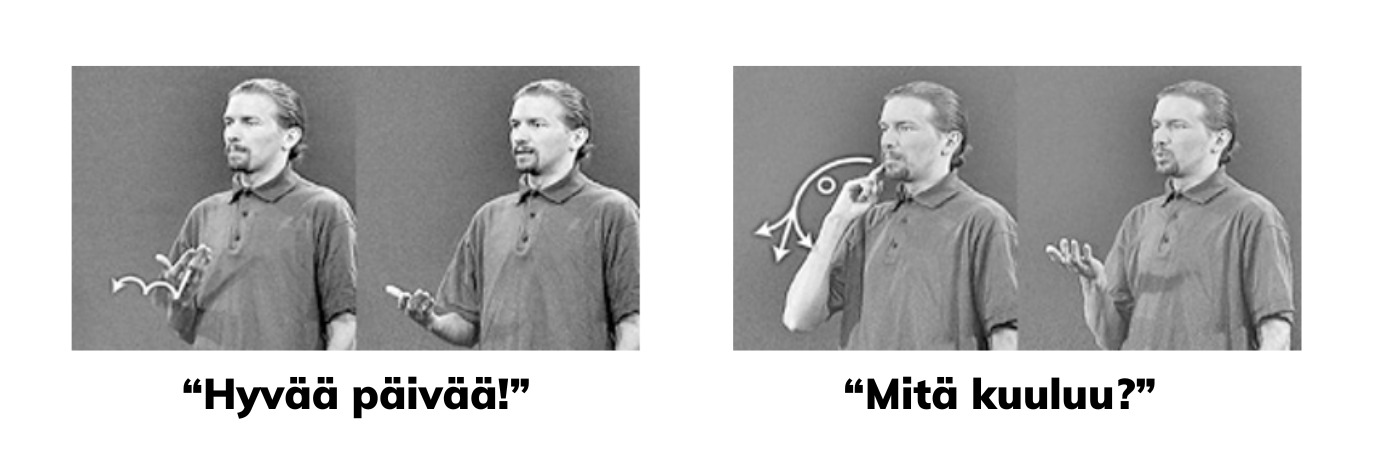 Kaksi mustavalkoista valokuvaa vierekkäin ihmisestä, joka viittoo fraasit ”Hyvää päivää” ja ”Mitä kuuluu?”