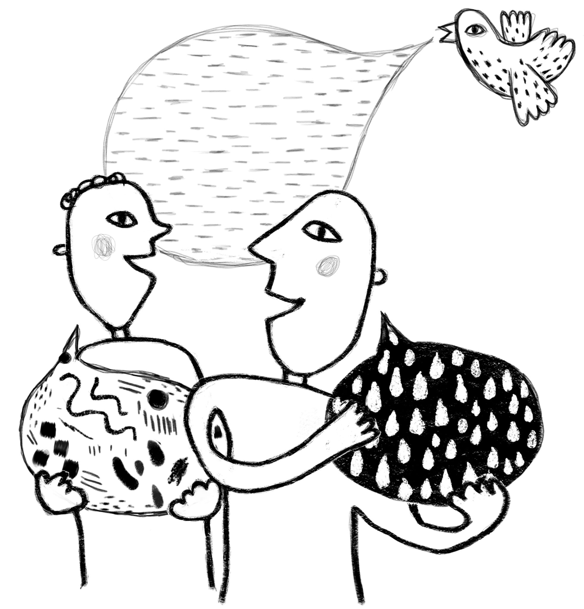 Kaksi piirrettyä hahmoa keskustelee iloisesti ja pitää käsissään suuria puhekuplia. Taustalla lentää lintu, jonka suusta tulee puhekupla.