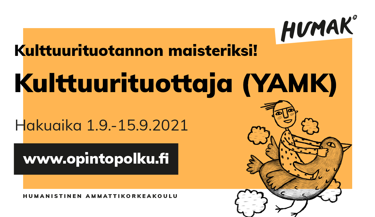 Oranssipohjainen bannerikuva Kulttuurituottaja YAMK hausta, jossa graafinen kuva linnulla lentävä hahmo.