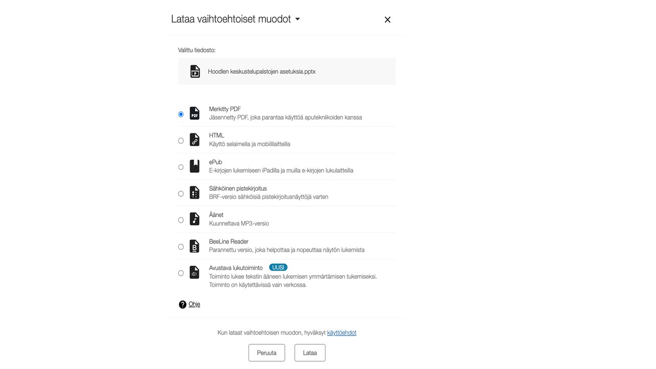 ALLY-vaihtoehtoiset muodot tiedostoille ovat tässä kuvassa pdf, html, ePub, sähköinen pistekirjoitus, äänet ja BeeLine Reader.]ALLY-vaihtoehtoiset muodot tiedostoille ovat tässä kuvassa pdf, html, ePub, sähköinen pistekirjoitus, äänet ja BeeLine Reader.