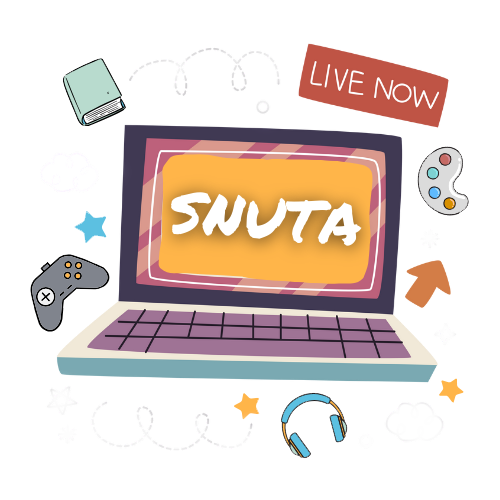 Kuvituskuva, jossa kannettavan tietokoneen näytöllä lukee “SNUTA”. Tietokonetta ympäröi erilaisia piirroskuvakkeita, kuten peliohjain, kirja, kuulokkeet, maalipaletti, pilviä ja tähtiä. Yläkulmassa on laatikko, jossa lukee “LIVE NOW”.