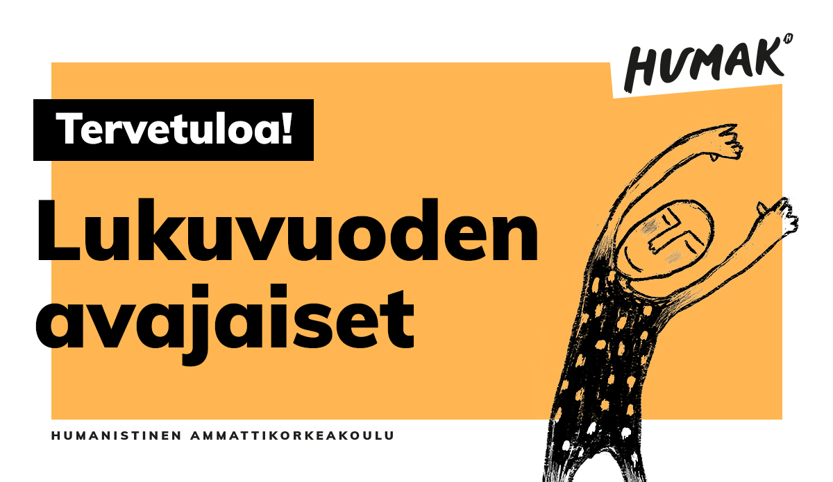 Oranssipohjainen vaakabanneri, jossa teksti Lukuvuoden avajaisista ja graafinen heiluva ihmishahmo.