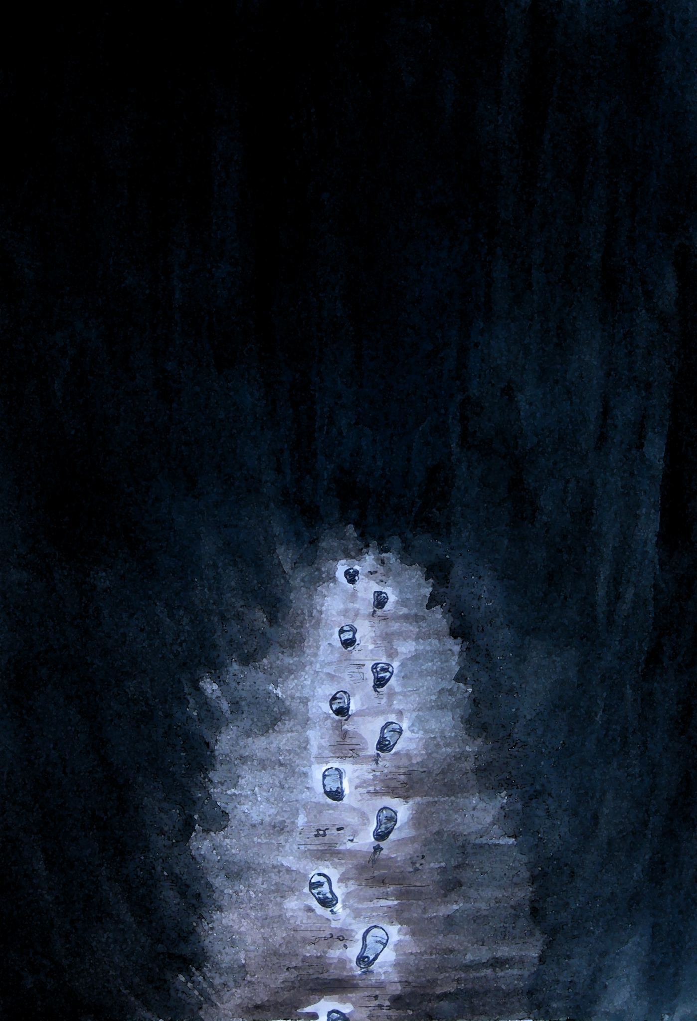 Kuvassa maalaus, jossa mustaa ympärilla ja keskellä rusehtava polku, jossa näkyy askeleet. Teoksen nimi on näköalattomuuden polku.