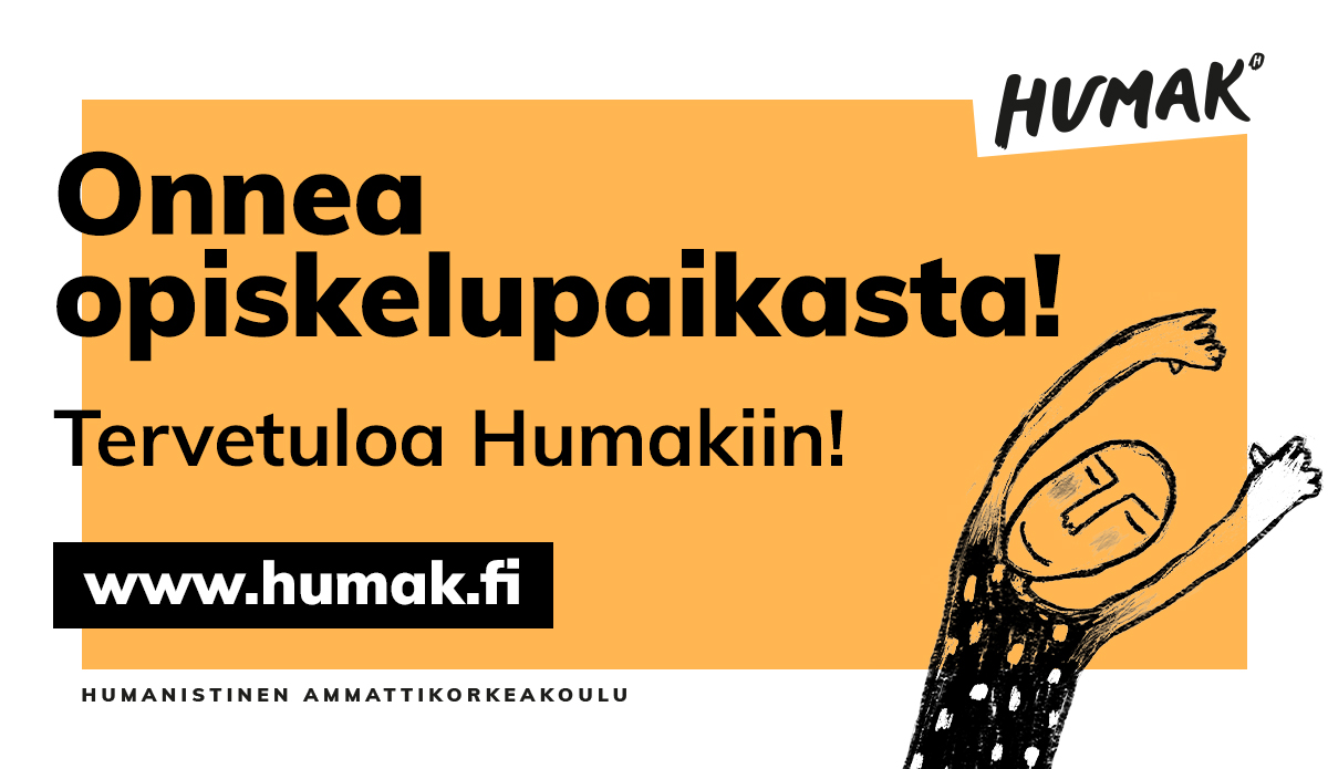 Keltapohjainen graafinen banneri opiskelupaikasta ja heiluvakäsinen hahmo.