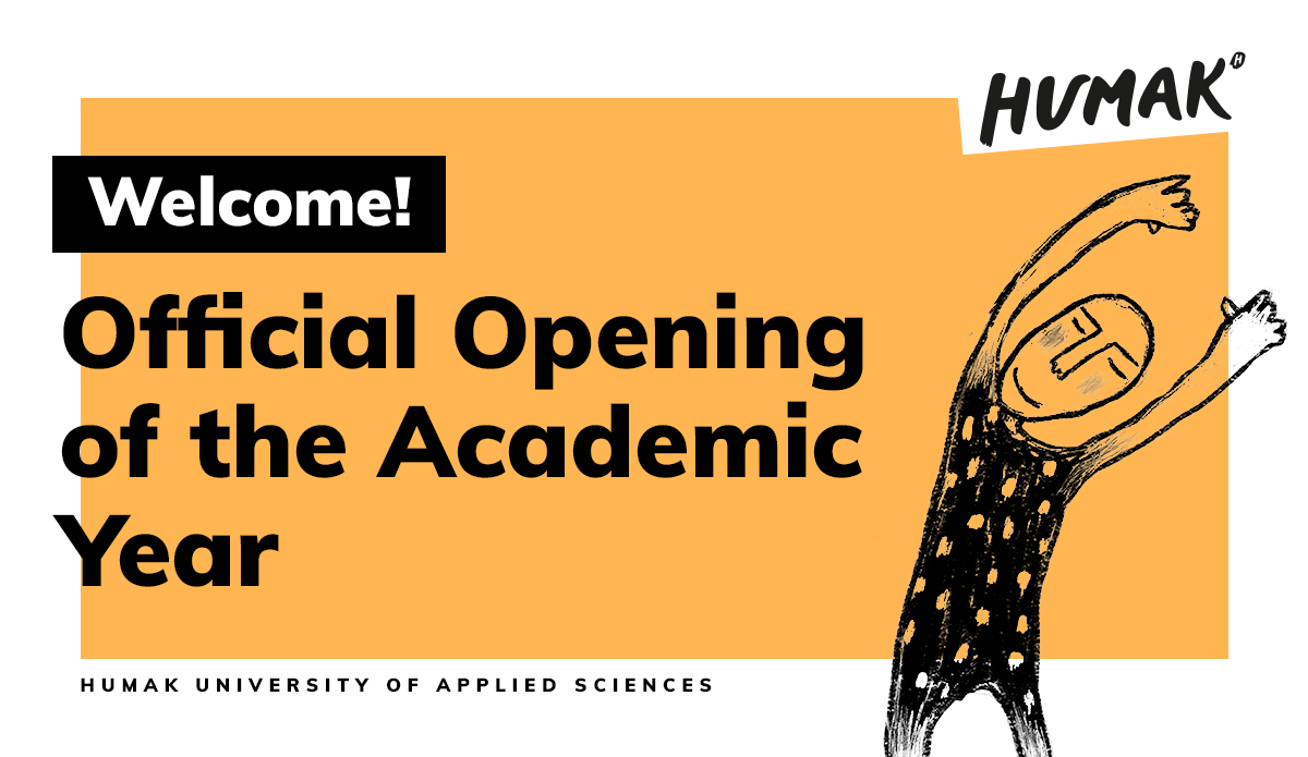 A horizontal banner with orange background, a text about the opening of the academic year and a drawn character waving its arms. 