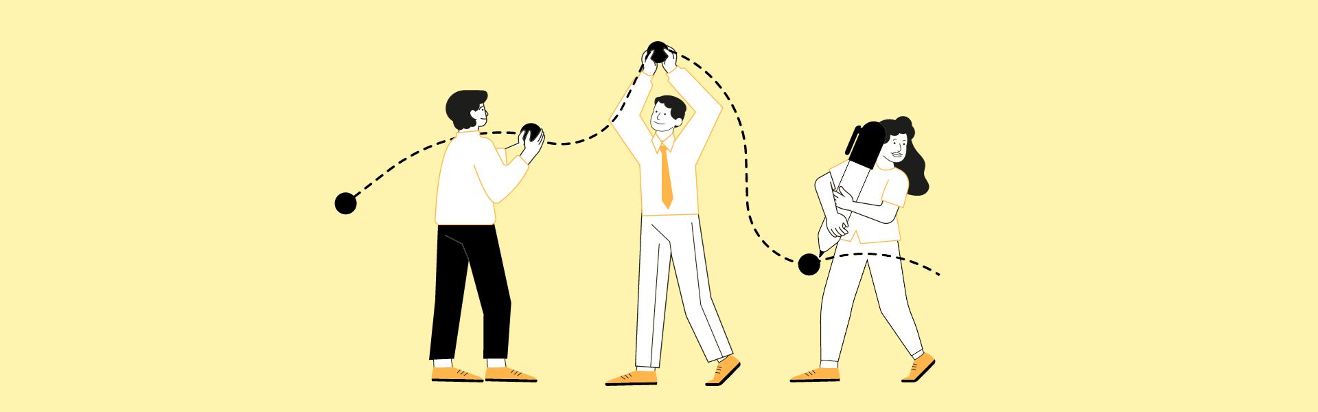 Kolme henkilö piirtää viivaa, jossa on palloja.