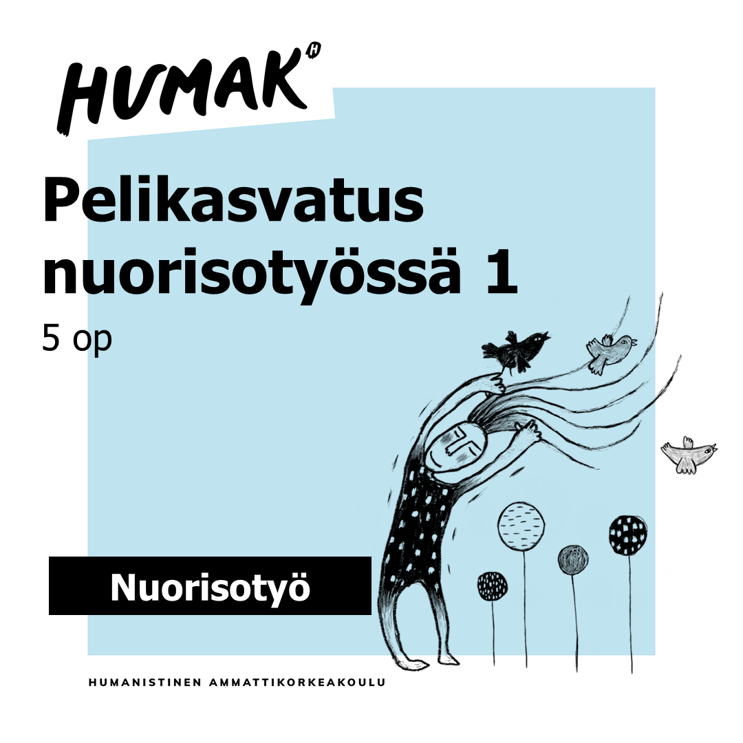 Vaaleansininen nostobanneri pelikasvatus nuorisotyössä 1 jossa graafinen kuva hahmosta, jonka hiukset heiluvat ja maasta kasvaa graafisesti tehtyjä kukkakuvioita.