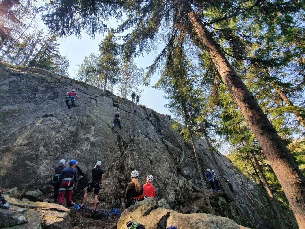 Ryhmä opiskelijoita harjoittelee kalliokiipeilyä pystysuoran kallion luona. Oikealla on kuusipuita.
