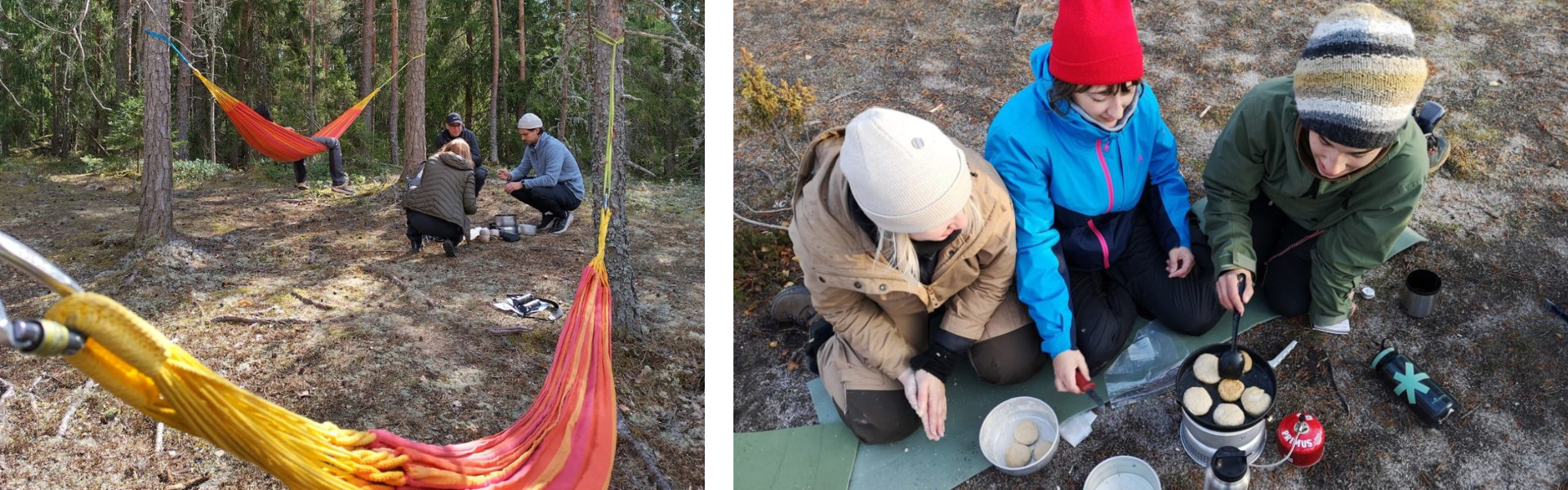 Vasemmalla ihmisiä metsässä kiinnittämässä riippumattoja puihin. Oikealla kolme henkilöä tekemässä ruokaa trangialla.