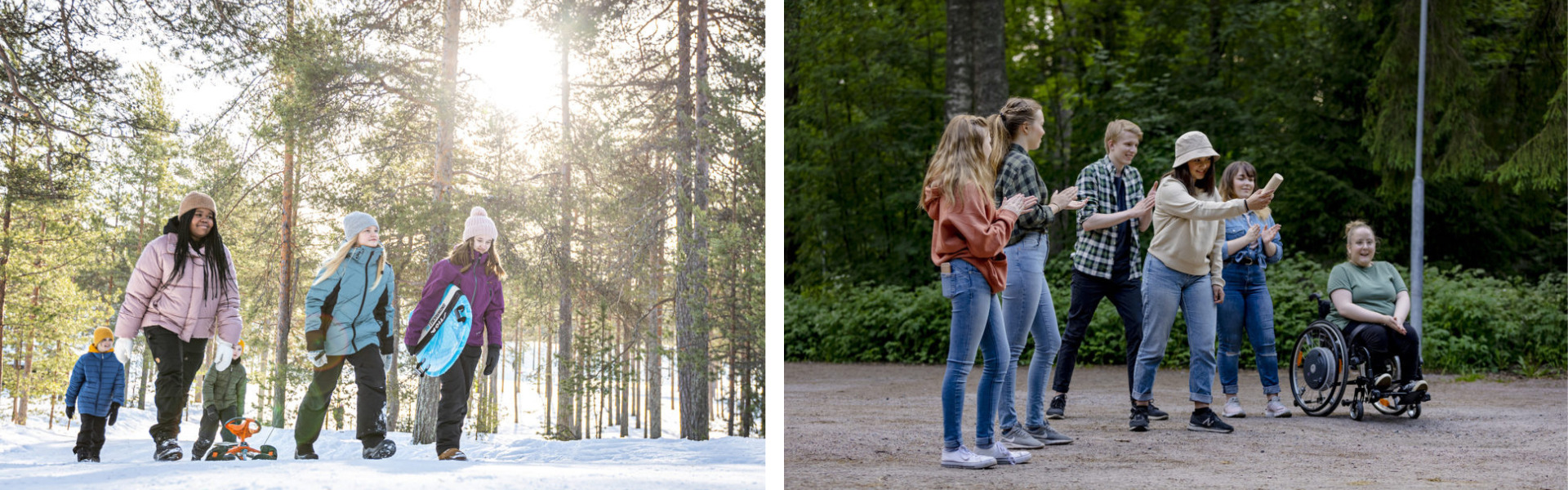 Vasemmalla nuoria lapsia kävelemässä metsässä pulkkien kanssa. Oikealla porukka pelaamassa mölkkyä.
