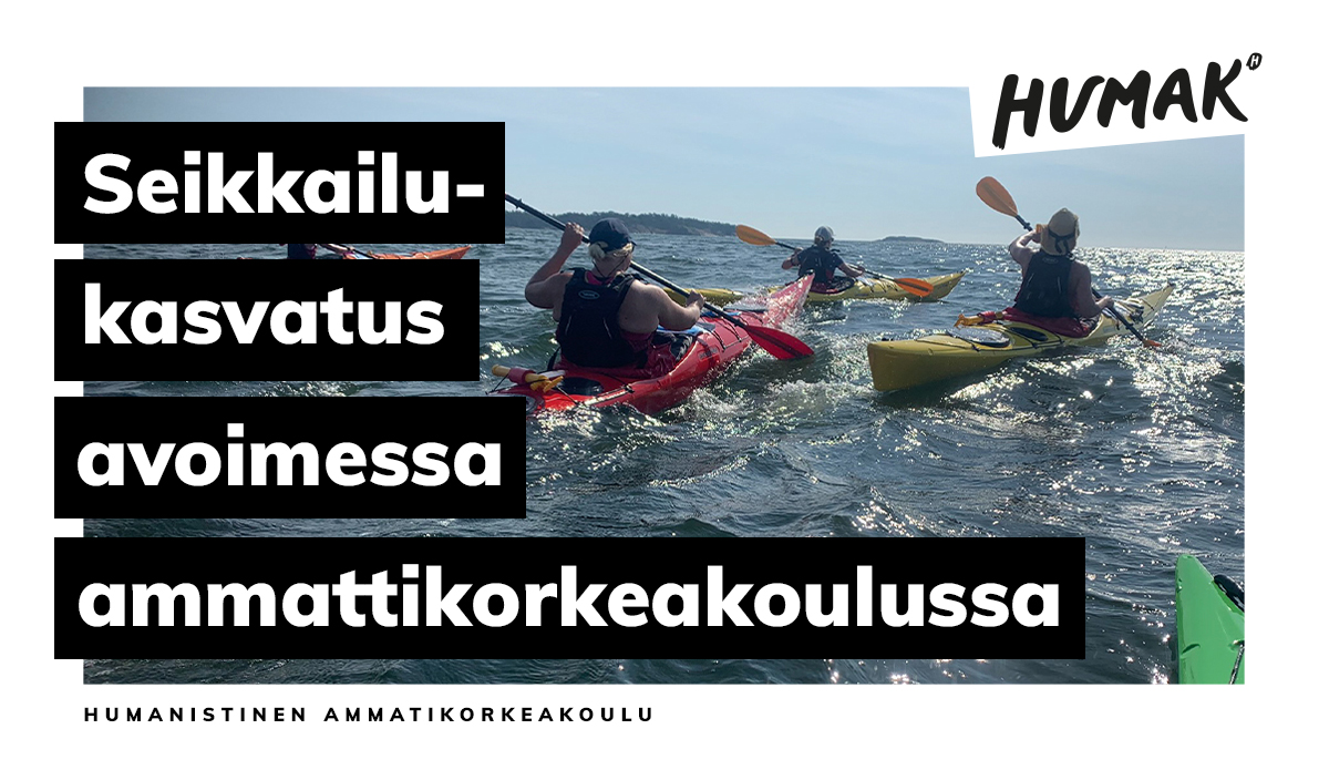 Seikkailukasvatuksen avoin AMK somekuva, jossa melojia näkyy osin takaa päin, merinäkymä.