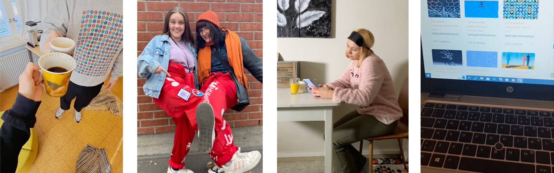 Kuvakaappauksia opiskelijoiden tekemistä videoista. Vasemmalla kaksi henkilöä lyö kahvikuppeja yhteen, seuraavassa kuvassa kaksi henkilöä esittelee punaisia opiskelijahaalareitaan. Seuraavassa kuvassa henkilö syö aamupalaa pöydän äärellä ja seuraavassa kuva tietokoneesta, jonka ruudulla näkyy Humakin verkko-oppimisalusta.