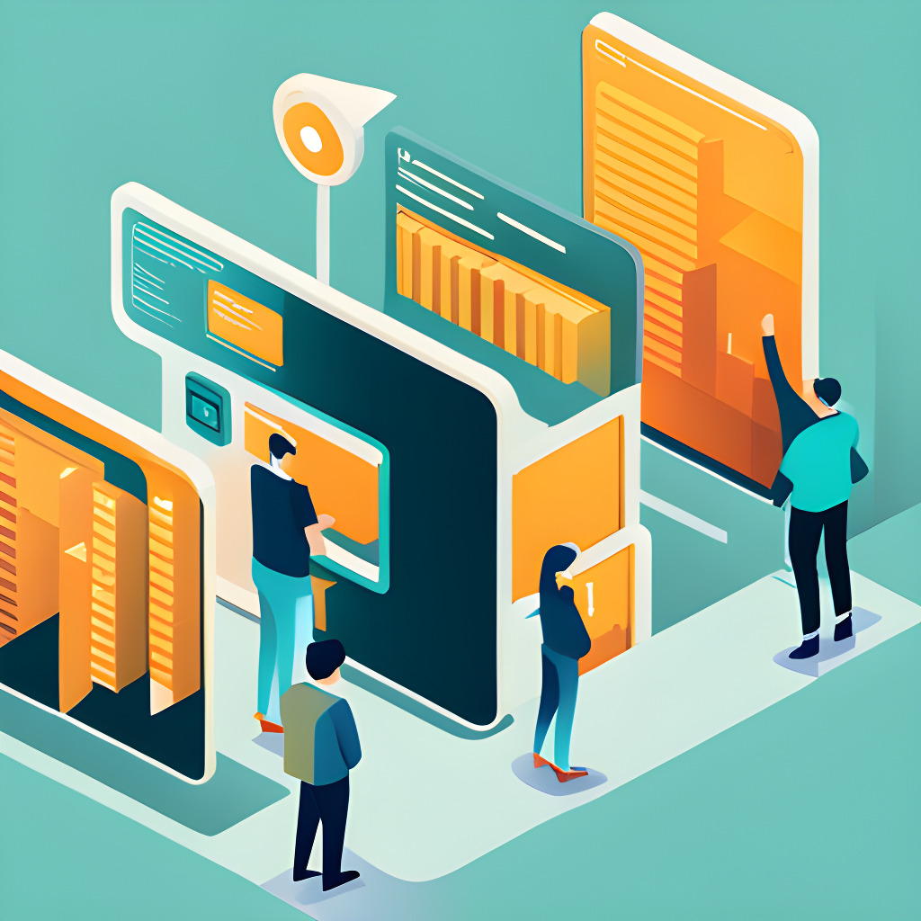 Kuvassa piirroskuva, Kuva on isometrinen kuva ihmisistä, jotka ovat vuorovaikutuksessa erilaisten tietokoneen näyttöjen ja laitteiden kanssa. Kuva on viileässä väripaletissa, jossa on sinisiä, vihreitä ja oransseja. Ihmisiä näytetään työskentelevän erilaisissa tehtävissä, kuten datan analysoinnissa, ohjelmoinnissa ja valvonnassa. Laitteet ja näytöt näkyvät eri kokoisina.