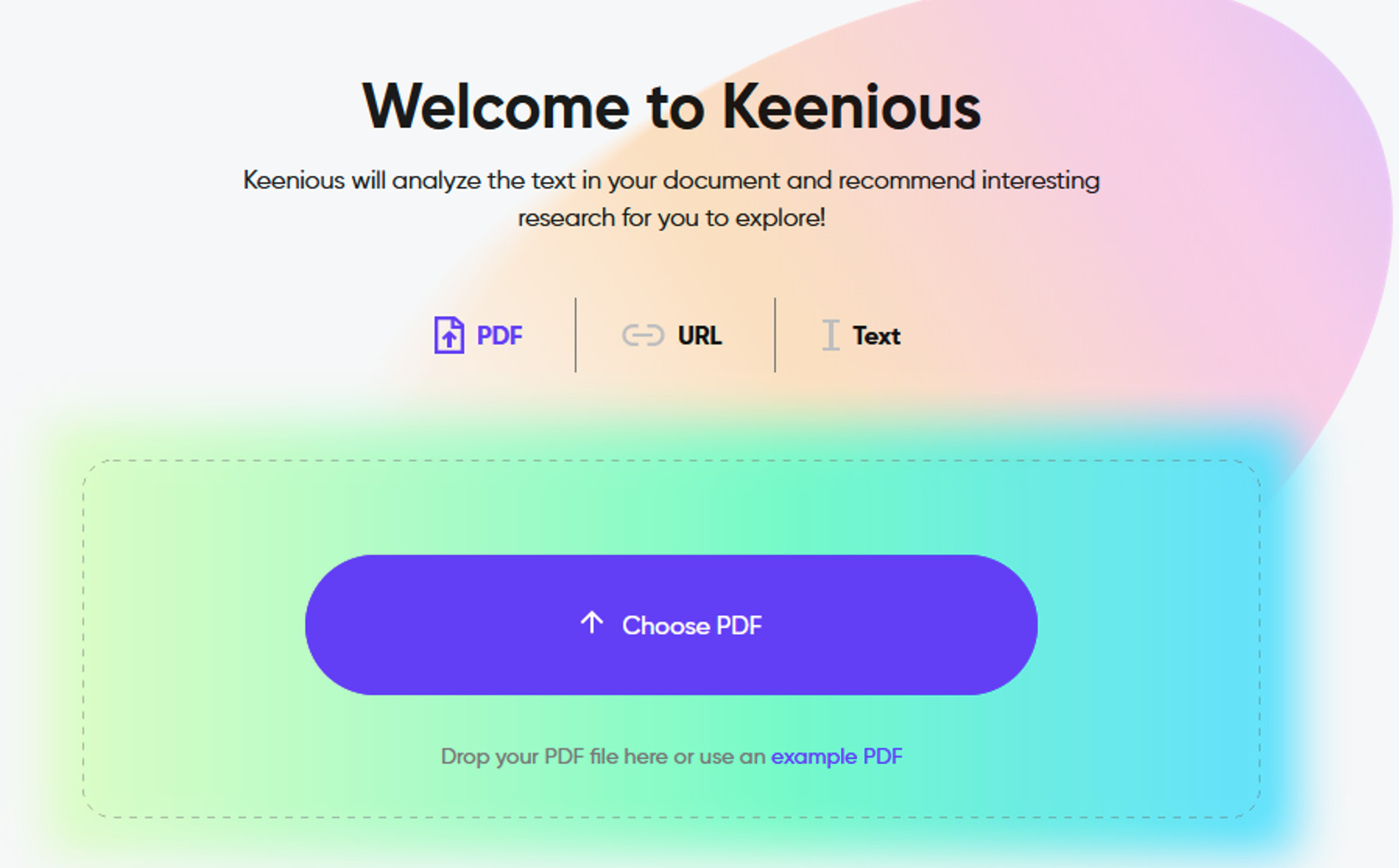 Aloitusnäyttö, jossa voi valita tuoko analysoitavan tekstin pdf-tiedostona, antamalla artikkelin verkko-osoitteen tai syöttämällä tekstin.