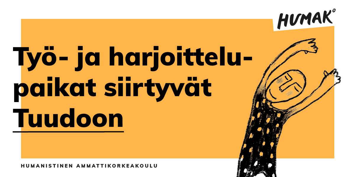 Oranssi tausta, teksti "”Opiskelijoille suunnatut työ- ja harjoittelupaikat siirtyvät Tuudoon.". Oikealla piirretty hahmo, joka tanssii.