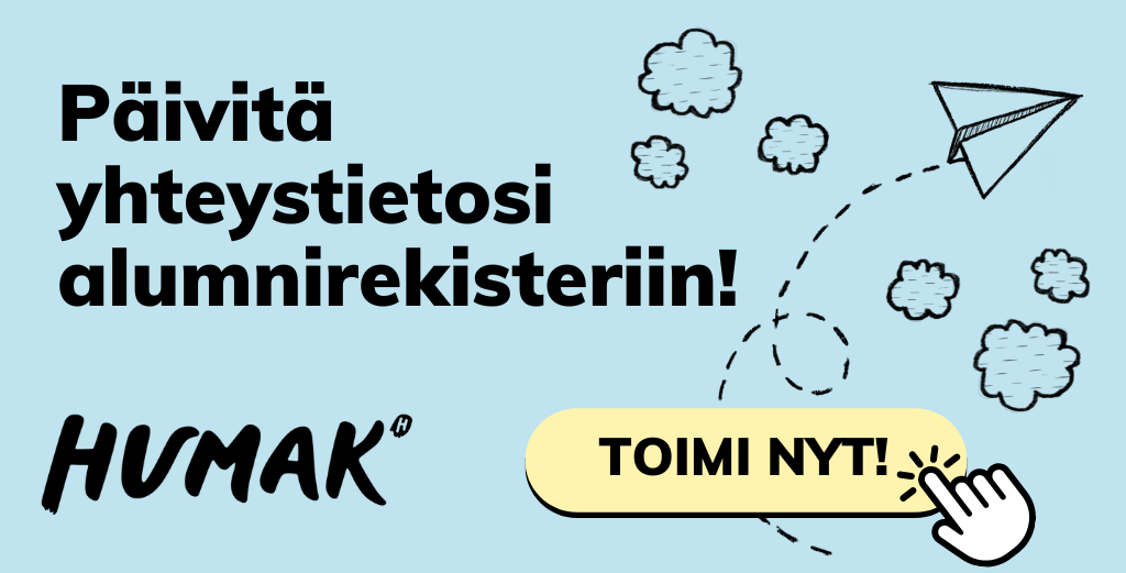 Kehotebanneri jossa lukee Päivitä yhteystietosi Alumnirekisteriin! Toimi nyt! 