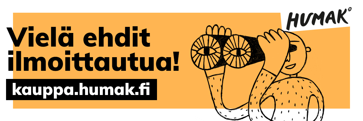Oranssipohjainen banneri, mustalla tekstillä ja graafisella kiikarilla katsovan piirroshahmon kuvalla, vielä ehtii ilmoittautua avoimeen AMKiin tekstillä.