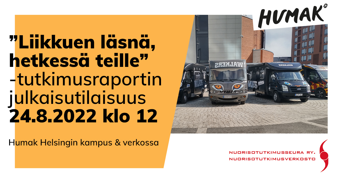 Liikkuen läsnä, hetkessä teille -julkaisutilaisuus banneri, jossa kuvituksena pakettiautoista otettu valokuva.