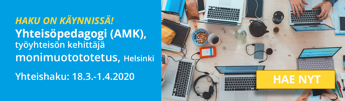 Kuvassa sinisellä tausta teksti "Haku on käynnissä! Yhteisöpedagogi (AMK)". Oikealla kuva, jossa jossa ihmisiä tietokoneen ääressä ja "Hae nyt"-painike.