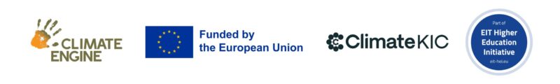 Rivissä neljä logoa: vasemmalla Climate Engine -logo, jossa on oranssin ja vihreän sävyinen kädenjälki ja teksti ‘Climate Engine’; sen vieressä Euroopan unionin sininen lippu keltaisine tähtineen ja teksti ‘Funded by the European Union’; kolmantena Climate-KIC -logo, jossa on tummansininen sanamerkki ja sen edessä pisteistä muodostuva ympyräkuvio; oikealla pyöreä sinivalkoinen merkki, jossa lukee ‘Part of EIT Higher Education Initiative’ sekä ‘eit-hei.eu’