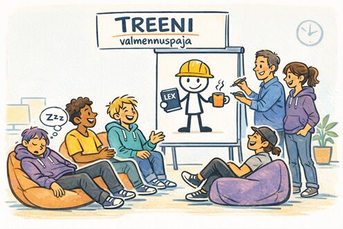 Sarjakuvamainen kuva valmennuspajasta, jossa useat osallistujat istuvat säkkituoleilla ja tuoleilla. He katsovat fläppitaulua, jossa on piirretty hahmo kypärä päässä ja lakikirja kädessä. Fläppitaulun yläpuolella on teksti “TREENI valmennuspaja”. Yksi osallistuja tarjoaa toiselle mukillista juotavaa, ja taustalla näkyy kello seinällä.