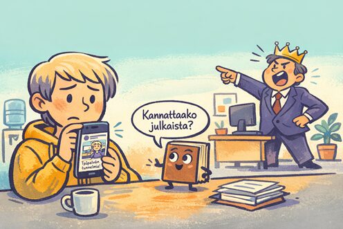 Sarjakuvamainen kuva, jossa henkilö katsoo puhelintaan. Näytöllä näkyy kuva otsikolla “Työelämän tunnetaidot”. Pöydällä on kupillinen ja papereita. Vieressä seisoo lakikirjaa muistuttava hahmo, joka kysyy puhekuplassa: “Kannattaako julkaista?”. Taustalla työhuoneen kalusteita ja hahmo, jolla on kruunu ja joka osoittaa eteenpäin.